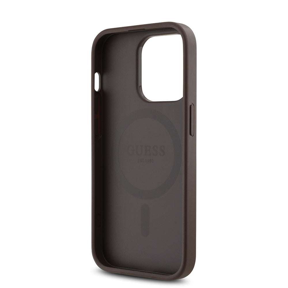 Guess iPhone 14 Pro Max Orjinal Lisanslı M-safe Şarj Özellikli PU Üçgen Logo 4G Desenli Kılıf Guess iPhone 14 Pro Max Orjinal Lisanslı M-safe Şarj Özellikli PU Üçgen Logo 4G Desenli Kılıf